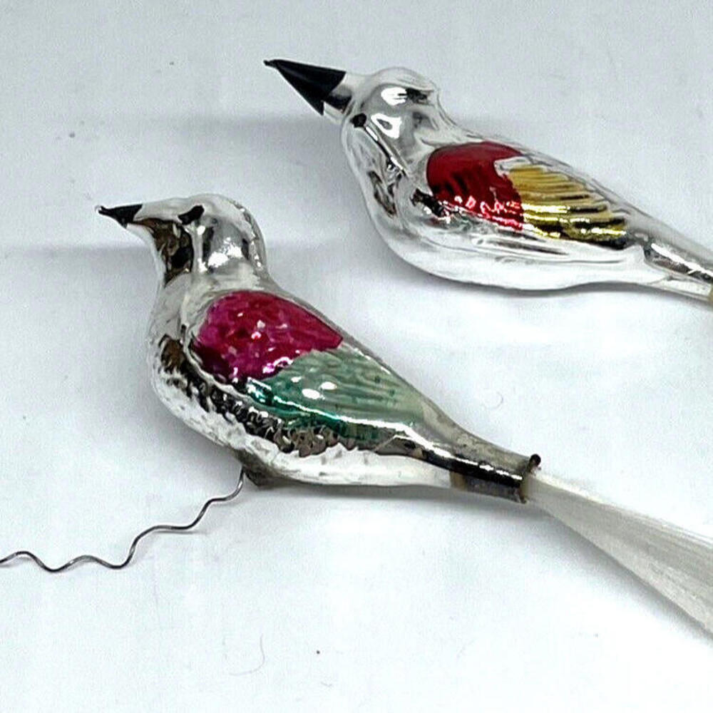 Glass BIRD Hummingbird Spun Tail Germany Christmas Ornaments LOT of 2 Vintage